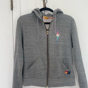 Aviator Nation Gray Hoodie with rainbow Lightning Bolt